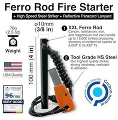 Ferro Rod Fire Starter Survival Kit, Flint and Steel Striker, 4 x 3/8 in |