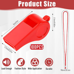 100 Pcs Coach Whistle with Lanyard, Plastic Red Emergency Whistle Bulk Loud Soun