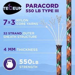 Paracord Type III 550 Mixed Camo – 50 ft – 4mm – Tactical Rope MIL-SPEC –