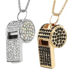 2Pcs Bling Crystal Rhinestone Metal Whistle with Chain Loud Sound, Black/Silver
