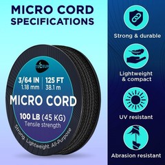 Micro Paracord – Black – 1.18 Mm X 125 Ft – Micro Utility Cord – Thin Braided Pa