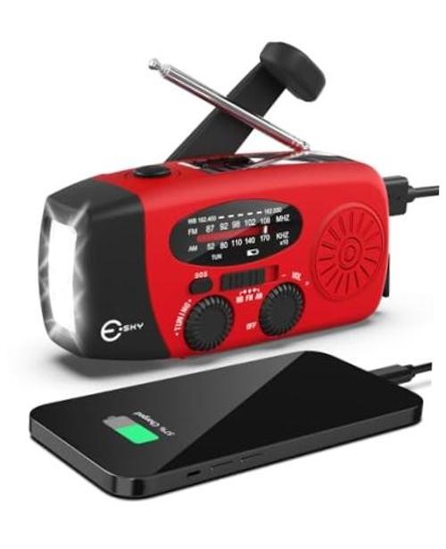 Emergency Hand Crank Radio 7400mWh with 3 LED Flashlights, AM/FM/NOAA Red