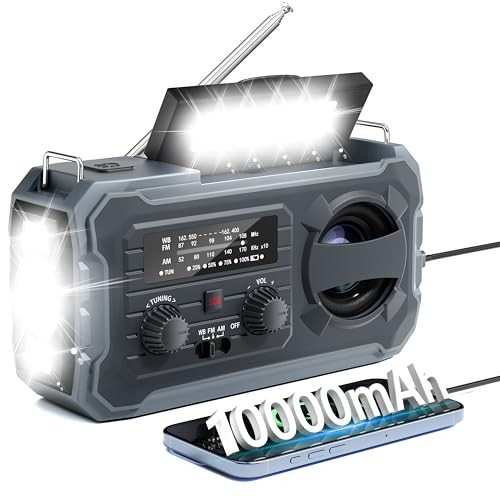 Hand Crank Emergency Radio, 10000mAh Weather Radio with AM/FM/NOAA, Solar Grey