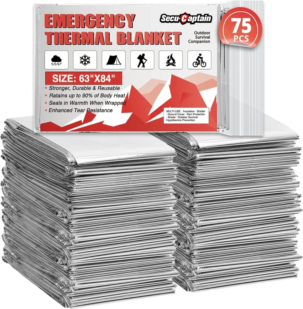 SecuCaptain Survival Emergency Thermal Blankets: 75 Pack Extra Large 84″ x63″ Sp