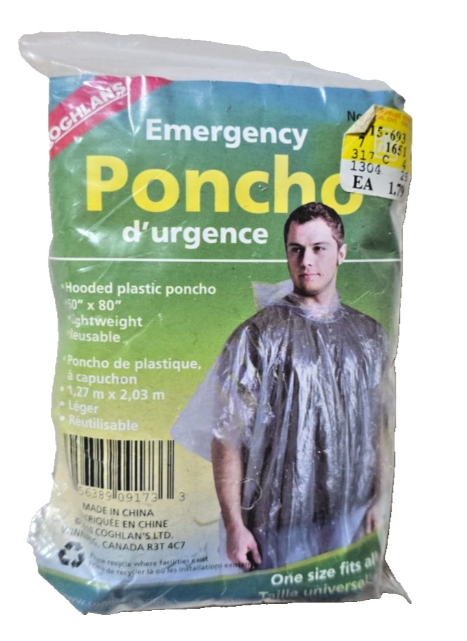 New/In Packaging COGHLAN’S Emergency Rain Plastic Hood Poncho ONE SIZE FITS ALL