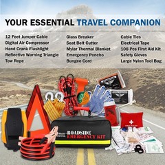 Emergency Car Survival Kit – Roadside Safety Tools, Tire Inflator, First Aid, Ju