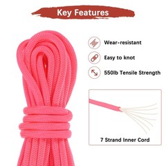 1PCS 4 mm 10FT Guyline Camping Paracord 7 Strands for Camping Tents, Pink
