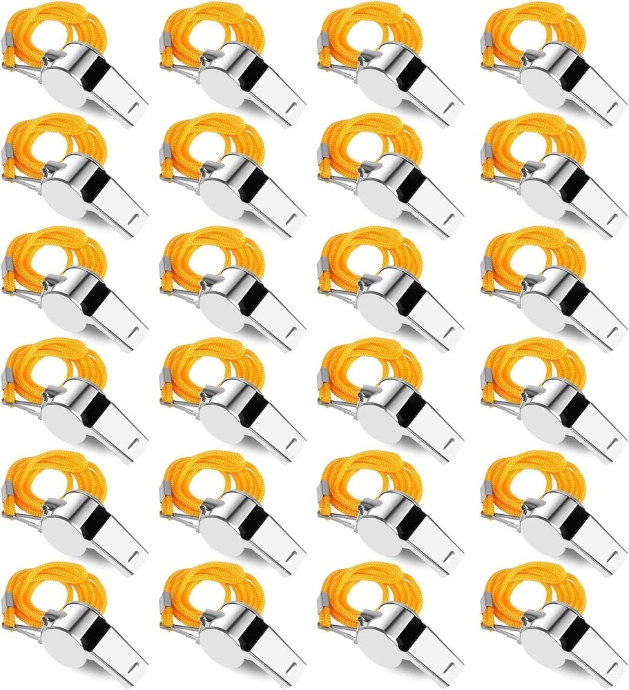 24 Pack Whistles, Stainless Steel Sports Loud Crisp Sound Whistles with Lanya…