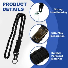 2Pcs Paracord Lanyard, Strong Lanyard with USA Flag, Black, Olive Green