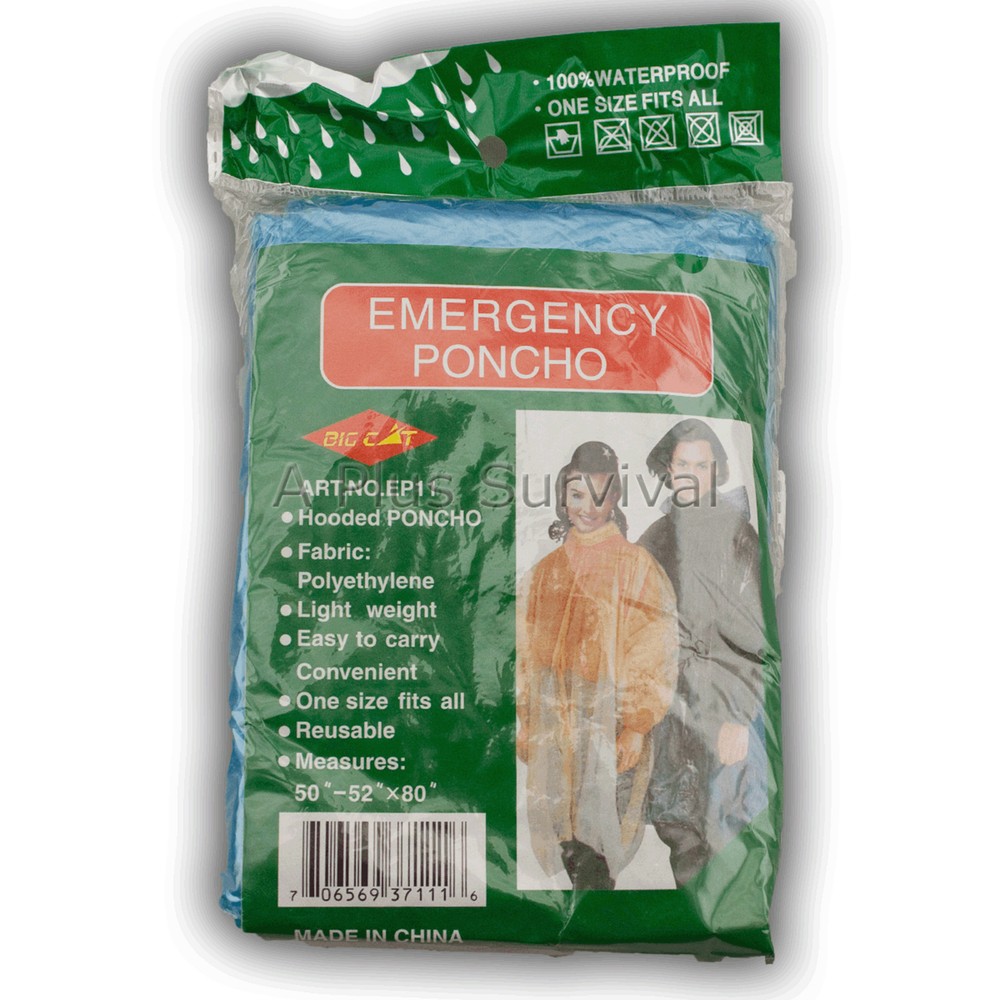Lot of 2 Blue Emergency Hooded Survival Poncho for Kits