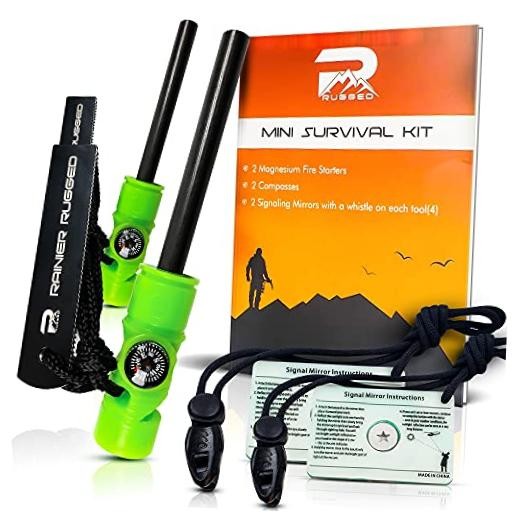 Rainier Rugged 5-in-1 Glow-in-The-Dark Fire Starters Kits with Compass, Signal