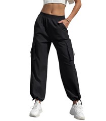 Women’s High Waisted Cargo Pants Baggy Trendy Hiking Parachute X-Large, Black