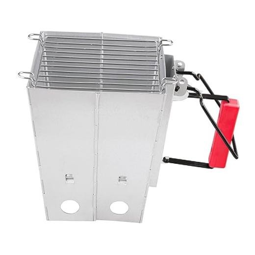 Foldable Charcoal Chimney Fire Starter Camping Grill, silver and red