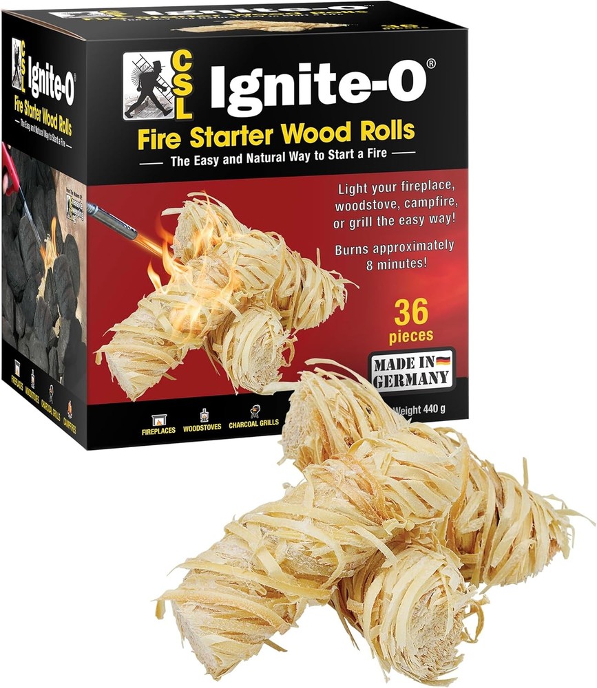 Ignite-O Fire Starter Natural Wood Rolls 36 Pieces Made in Germany Sustainably