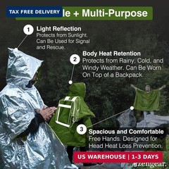 aZengear Emergency Survival Poncho (4pc) Thermal Mylar Foil Blanket for Heat Ret