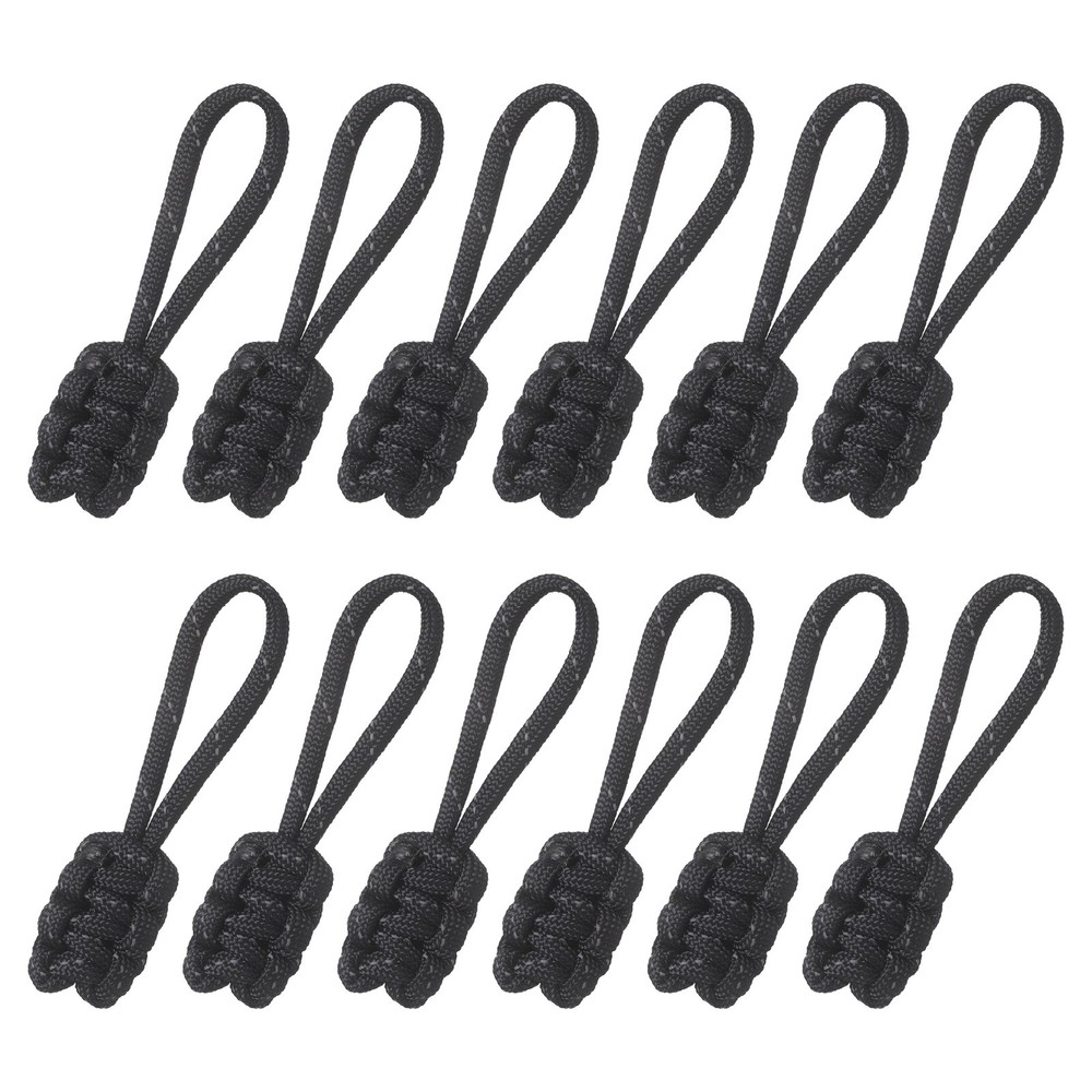 12Pcs Reflective Paracord Zipper Pull, 85 mm Length for Backpacks, Black