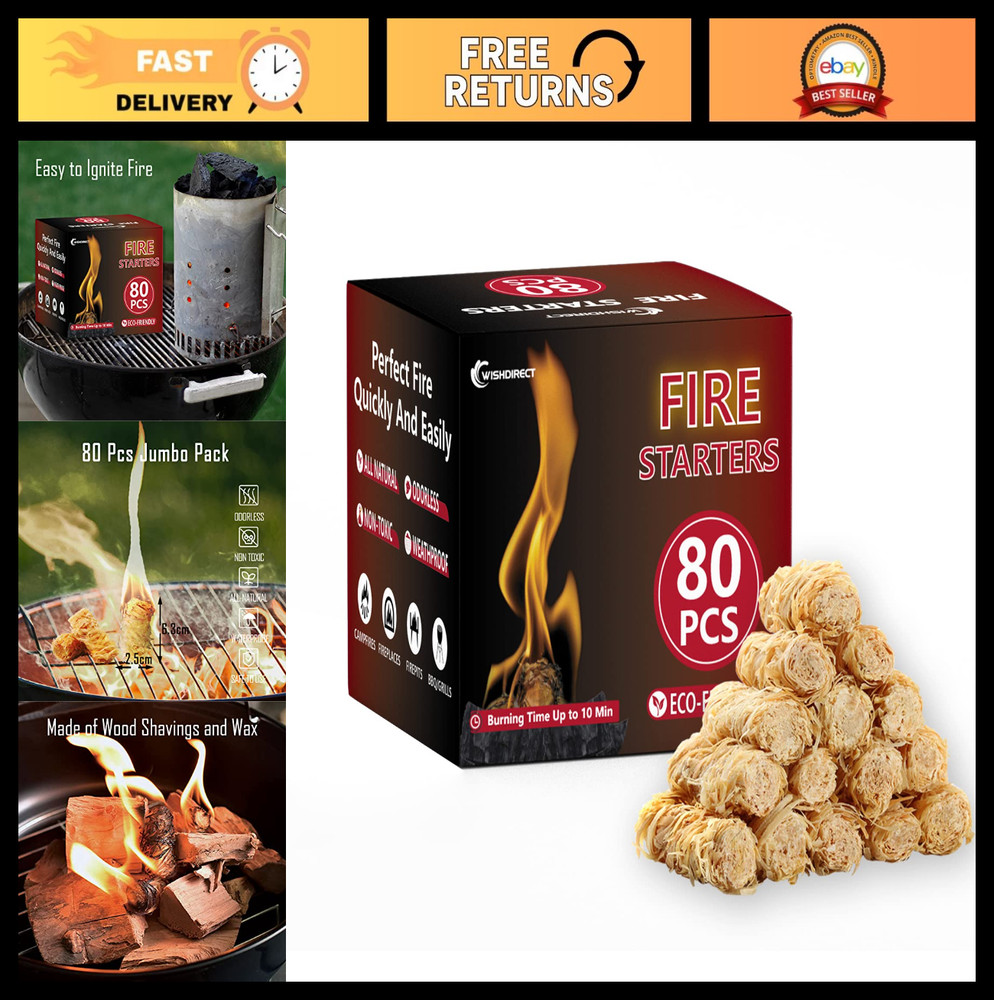 80 Pcs Fire Starters for Campfire, BBQ, Grill, Fire Pit, Easy Quick Light Fuel