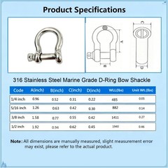 316 Stainless Steel D Ring Bow Shackle 5/16″ 5 Pack