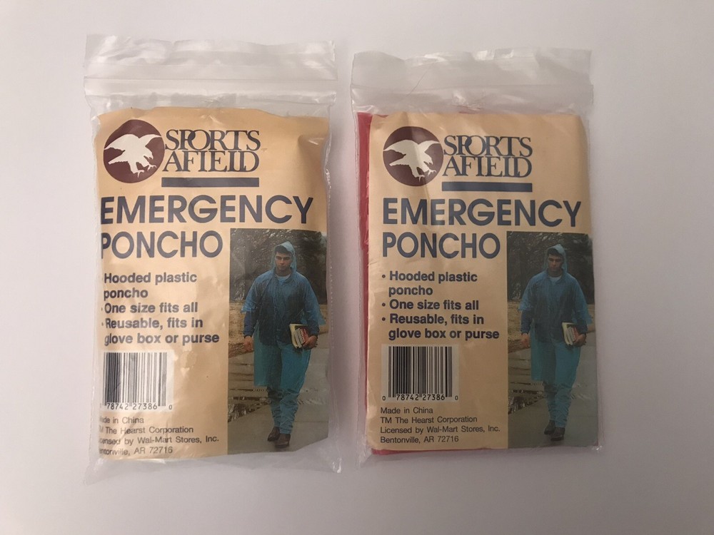 Lot of 2 Sports Afield Emergency Plastic Poncho Clear and Red
