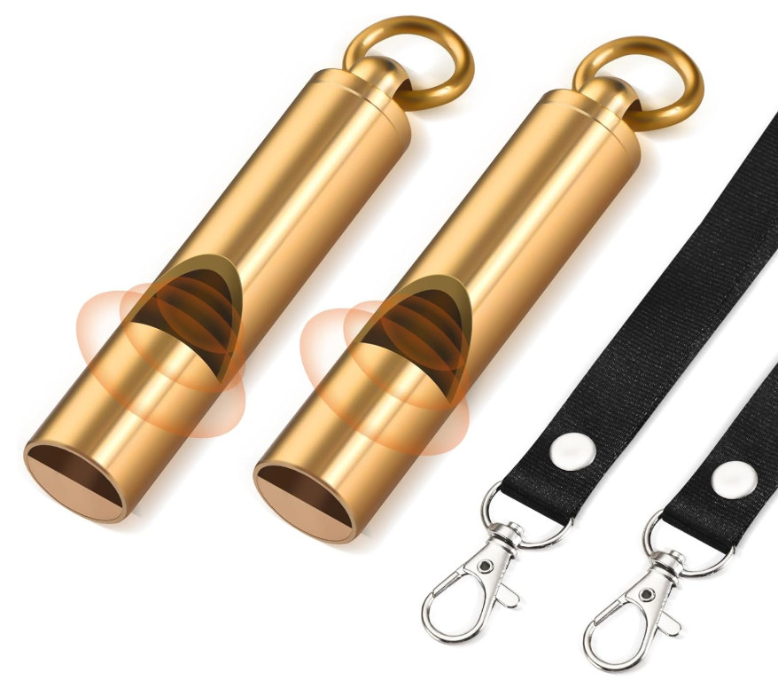 Brass Emergency Whistles 2 Pack with Tangle-Free Lanyard, Pealess Safety Whistle