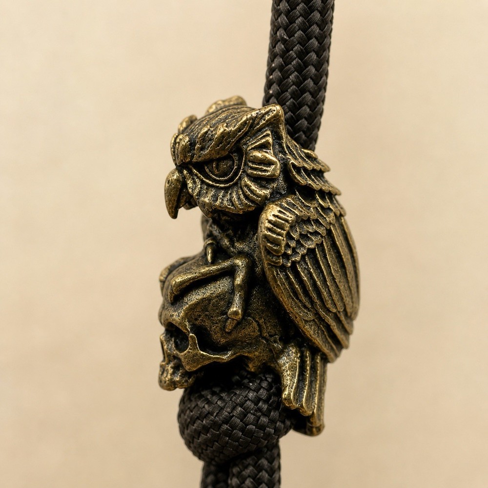 Brass Owl with Skull Bead Paracord Lanyard EDC Knife Charm Gothic