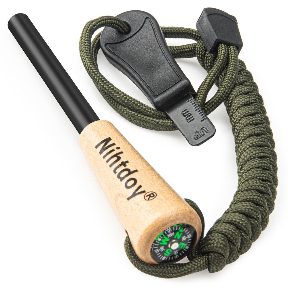 Ferro Rod Fire Starter Kit, Hardwood Handle, Compass, 16K+ Strikes