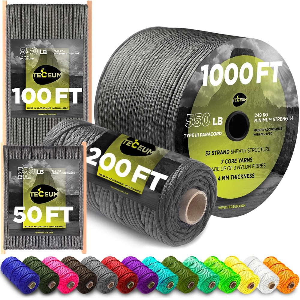 Teceum Paracord Type Iii 550 Dark Grey 100 Ft 4Mm Tactical Rope Mil-Spec