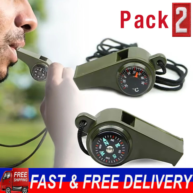 2X Very Loud Keychain Whistle With Compass for Outdoor Sports, Hiking, Camping